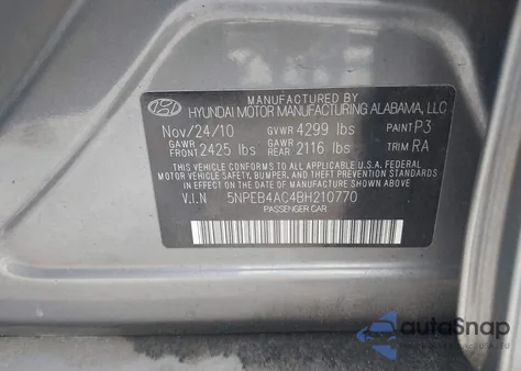 2011 Hyundai Sonata Gls from USA, damaged, VIN 5NPEB4AC4BH210770